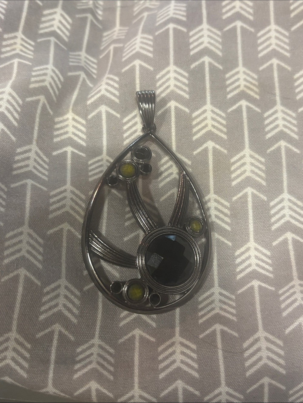 Gunmetal Teardrop Pendant with Black and Yellow Accents
